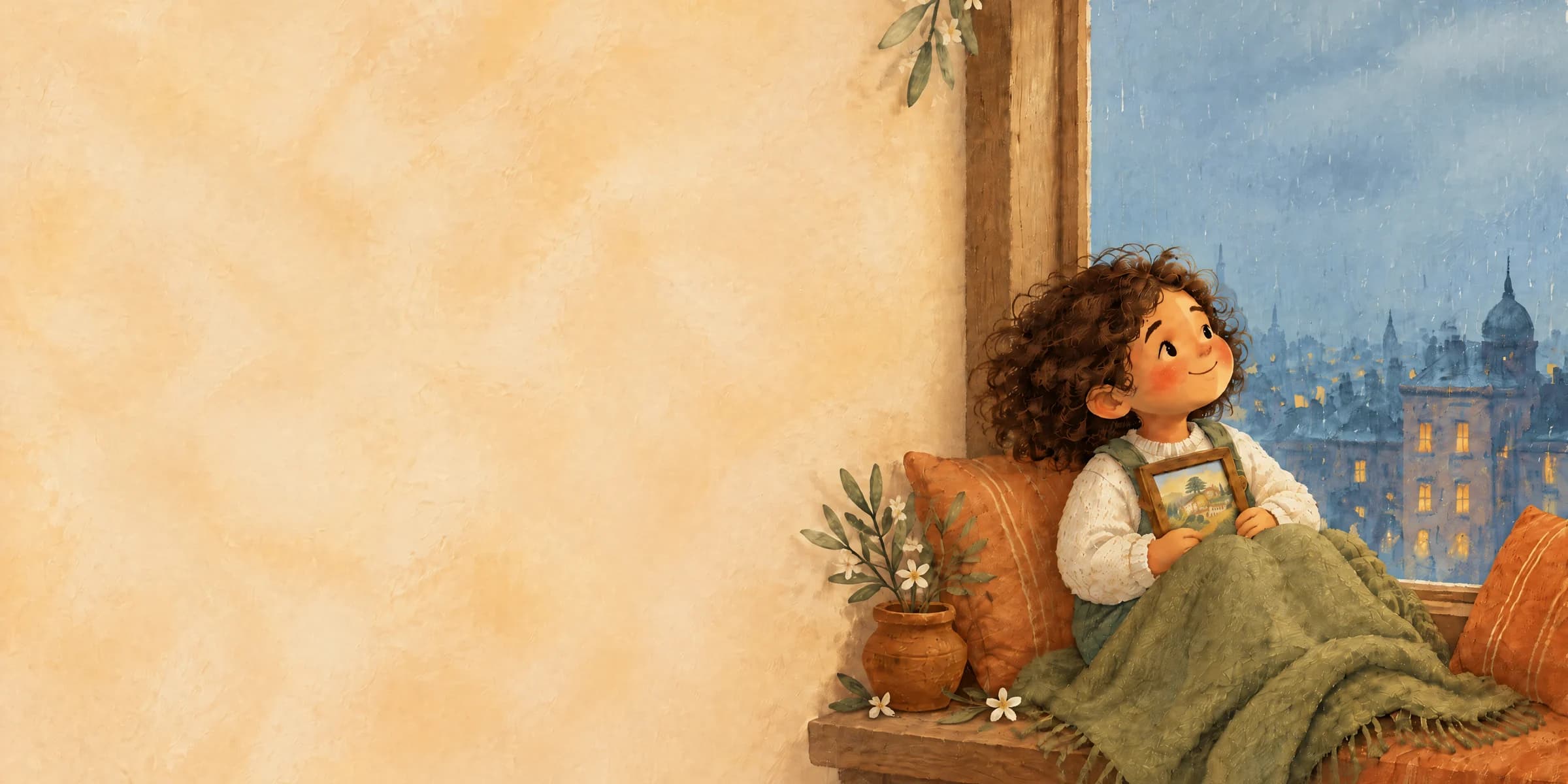 A child on a window seat, dreaming of a village in Lebanon